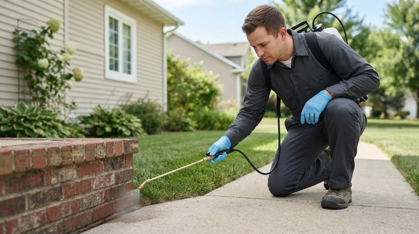Pest control technician treating a home near Moorhead, IA