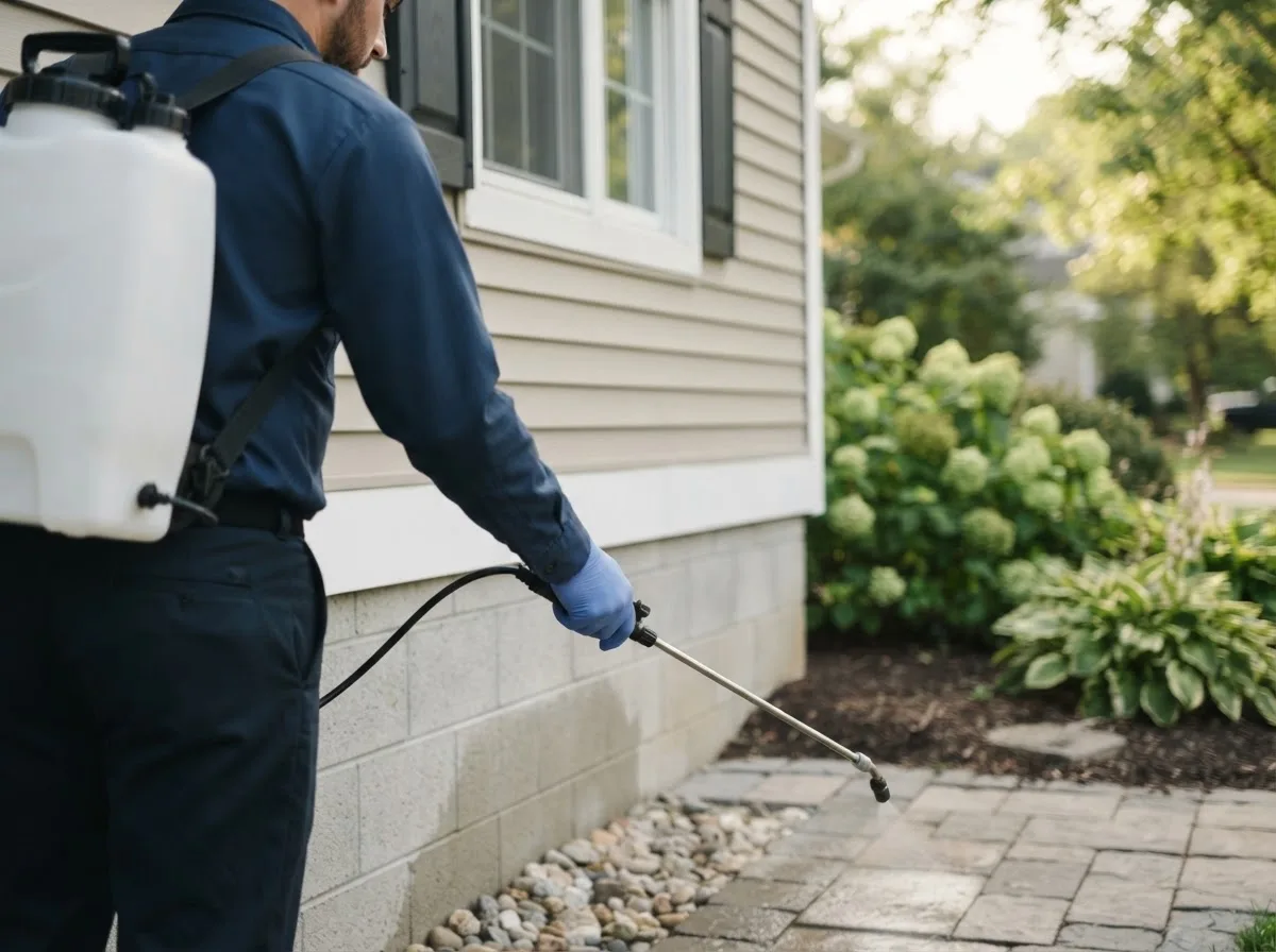 Pest control technician inspecting a home in Moorhead, IA